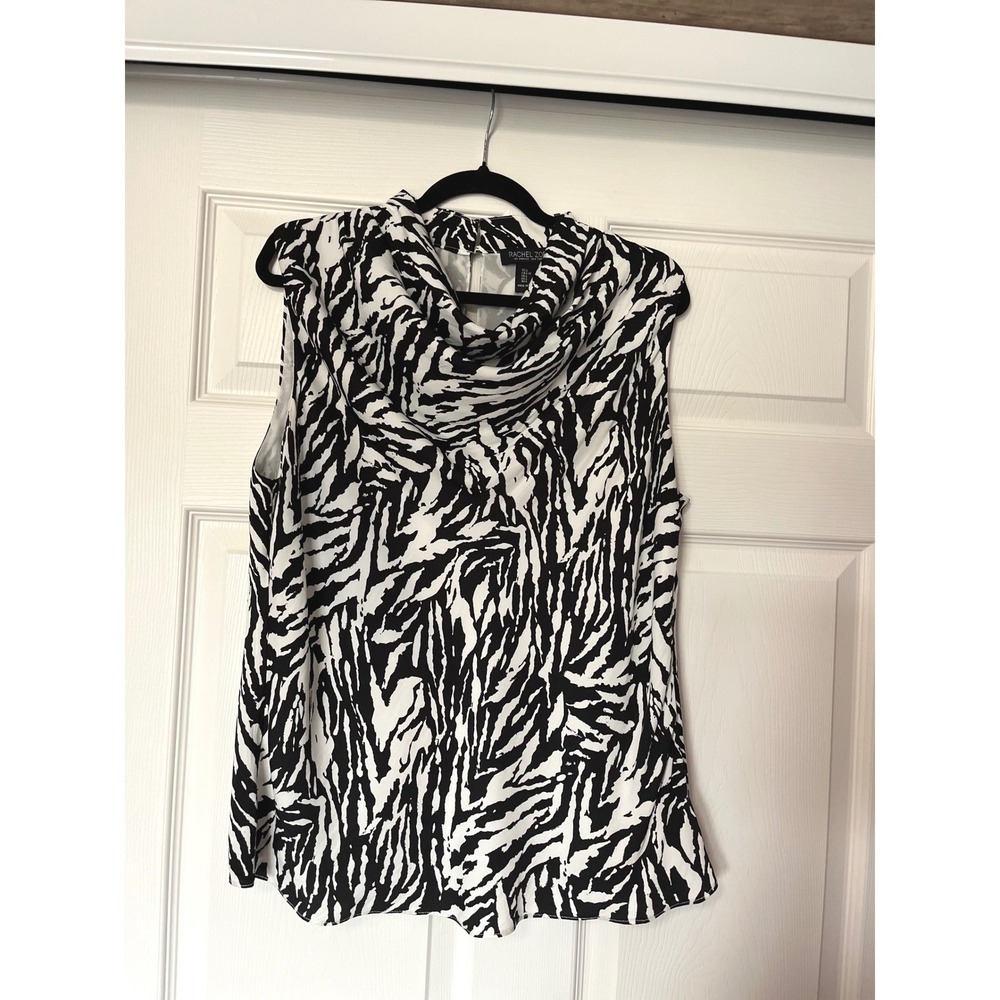 Rachel Zoe Womens Zebra Print Cowl Neck Sleeveless Blouse Black White Large